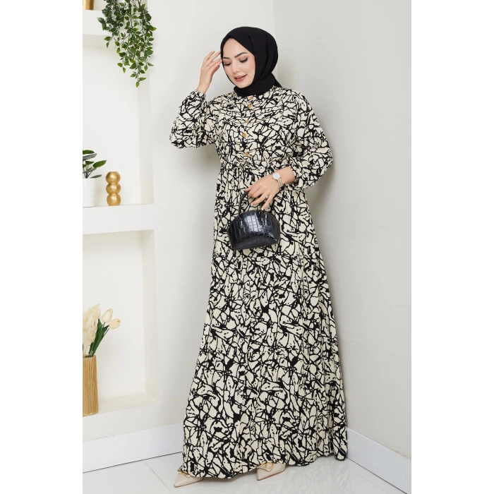 Fırça Desen Yarım Düğmeli Elbise Krem