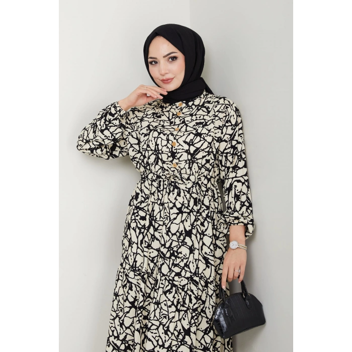 Fırça Desen Yarım Düğmeli Elbise Krem