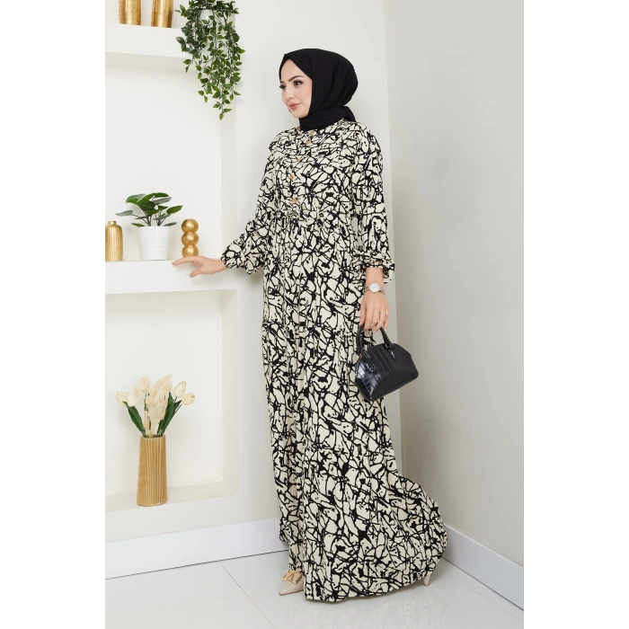 Fırça Desen Yarım Düğmeli Elbise Krem