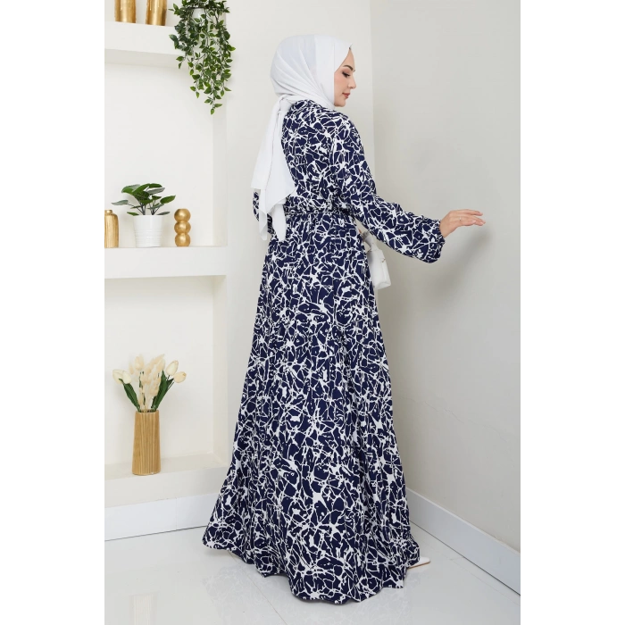 Fırça Desen Yarım Düğmeli Elbise Mavi