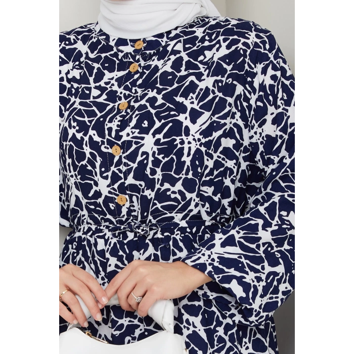 Fırça Desen Yarım Düğmeli Elbise Mavi