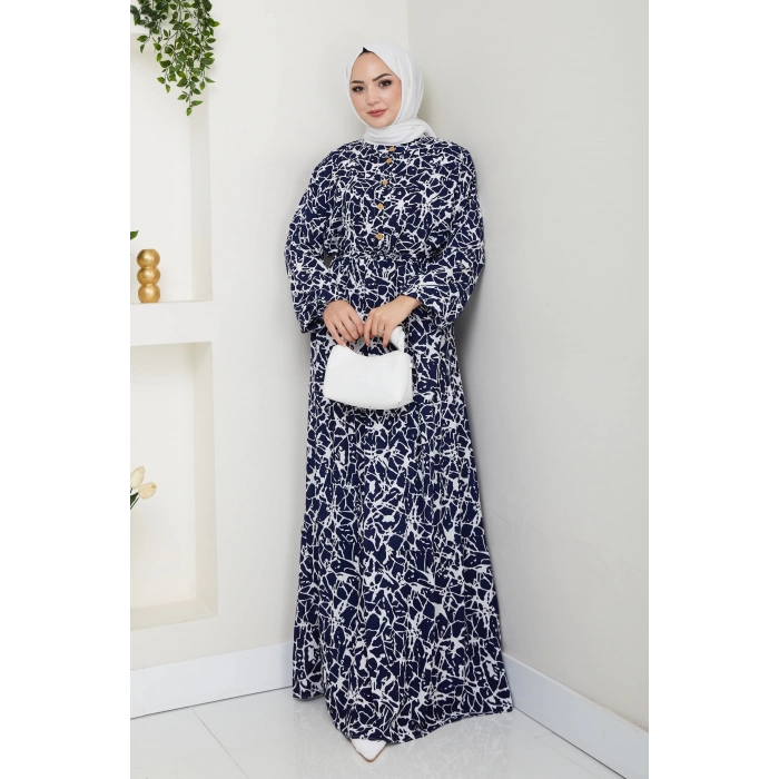 Fırça Desen Yarım Düğmeli Elbise Mavi