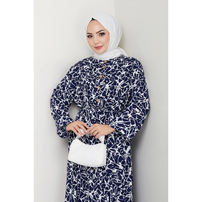 Fırça Desen Yarım Düğmeli Elbise Mavi