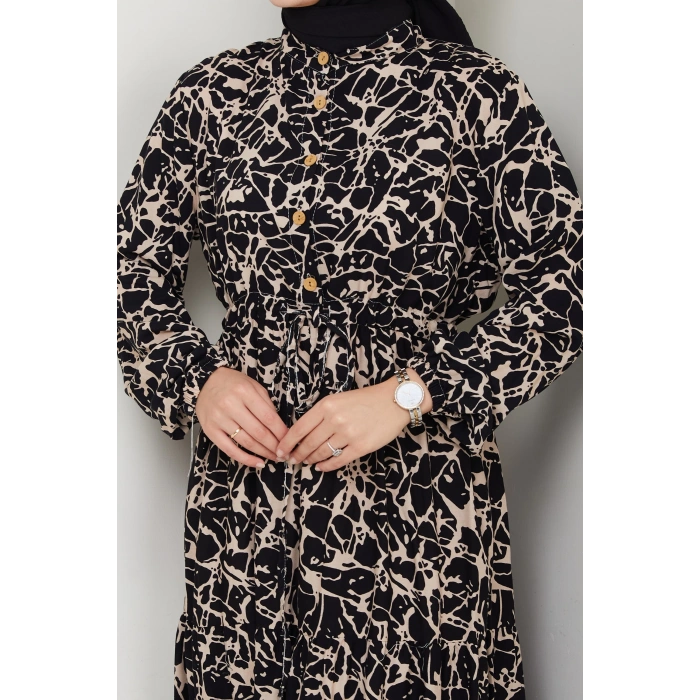 Fırça Desen Yarım Düğmeli Elbise siyah