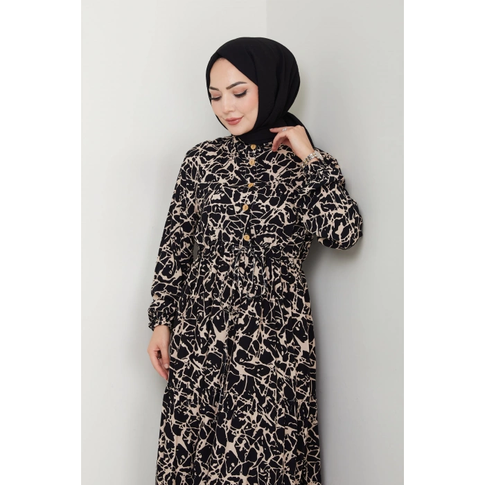 Fırça Desen Yarım Düğmeli Elbise siyah