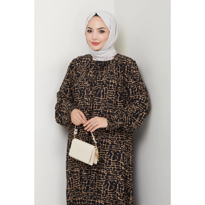 Kare Yaka Büyük Beden Viskon Anne Elbisesi Kahve