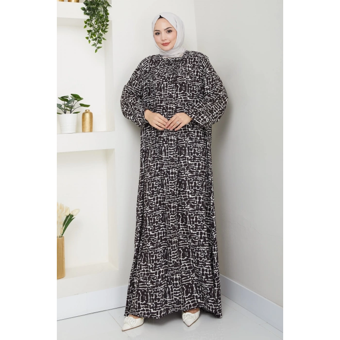 Kare Yaka Büyük Beden Viskon Anne Elbisesi Kahve Beyaz