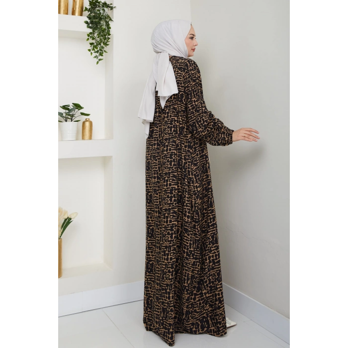 Kare Yaka Büyük Beden Viskon Anne Elbisesi Kahve