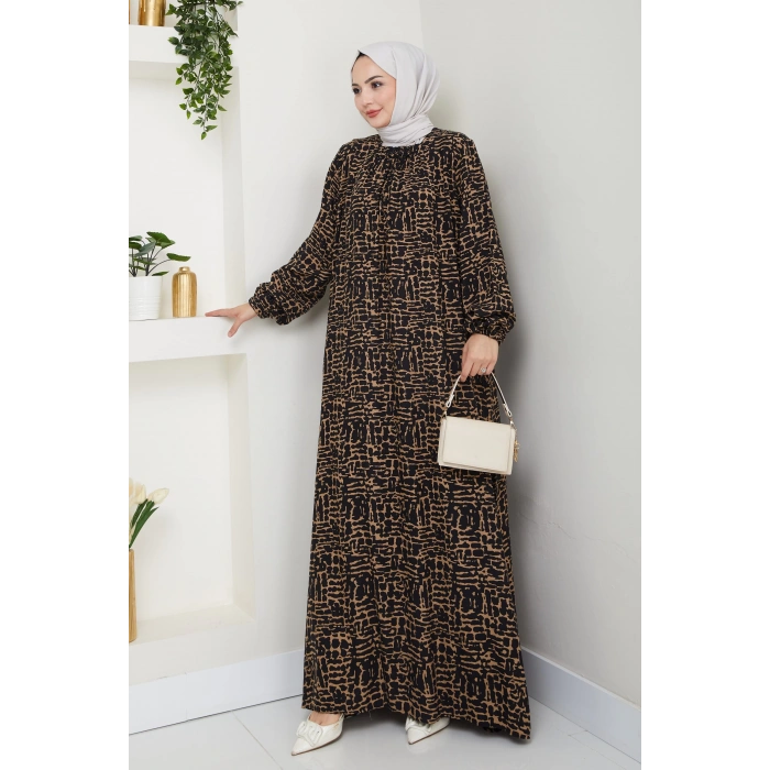 Kare Yaka Büyük Beden Viskon Anne Elbisesi Kahve