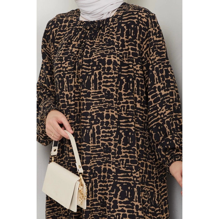 Kare Yaka Büyük Beden Viskon Anne Elbisesi Kahve