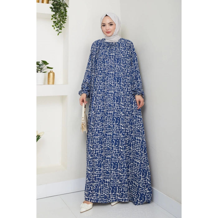 Kare Yaka Büyük Beden Viskon Anne Elbisesi Mavi