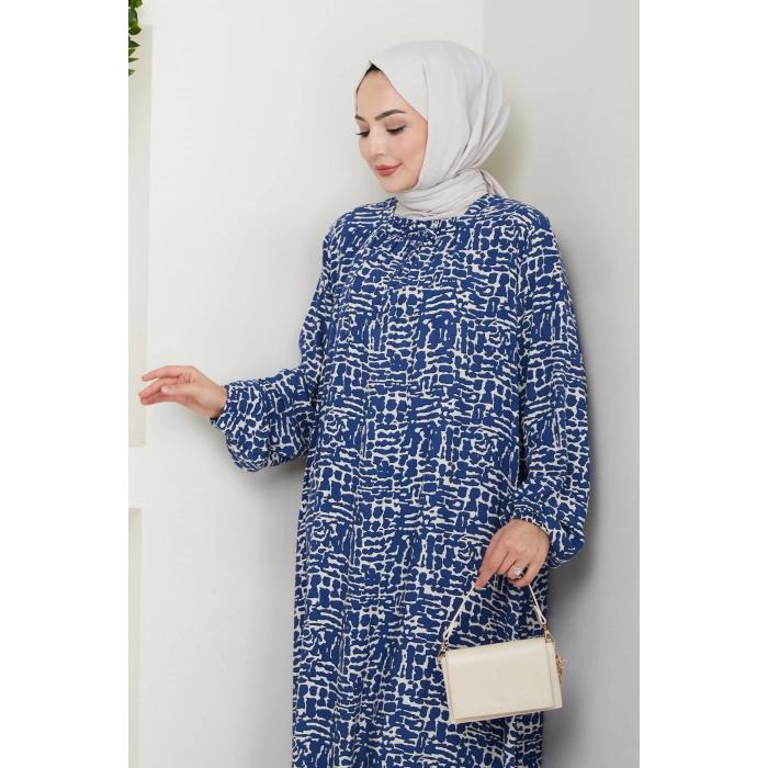 Kare Yaka Büyük Beden Viskon Anne Elbisesi Mavi