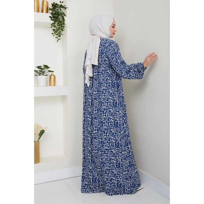 Kare Yaka Büyük Beden Viskon Anne Elbisesi Mavi