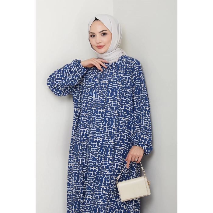 Kare Yaka Büyük Beden Viskon Anne Elbisesi Mavi