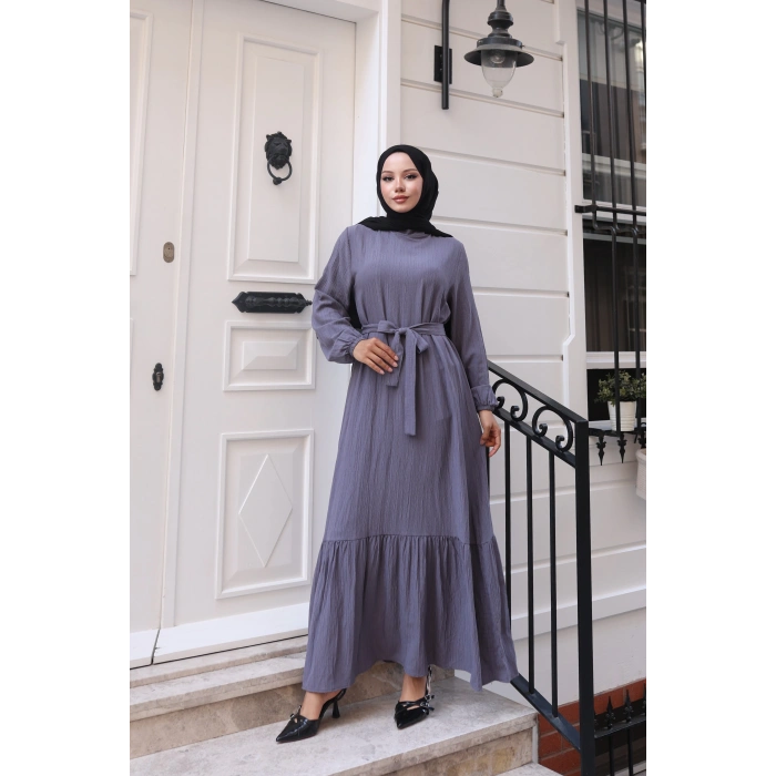 Lara Kuşaklı Elbise Gri