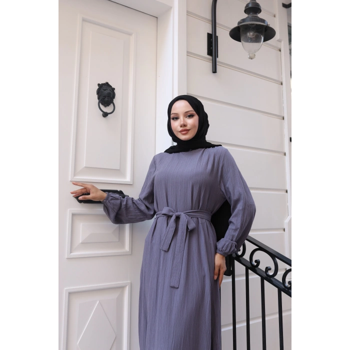 Lara Kuşaklı Elbise Gri