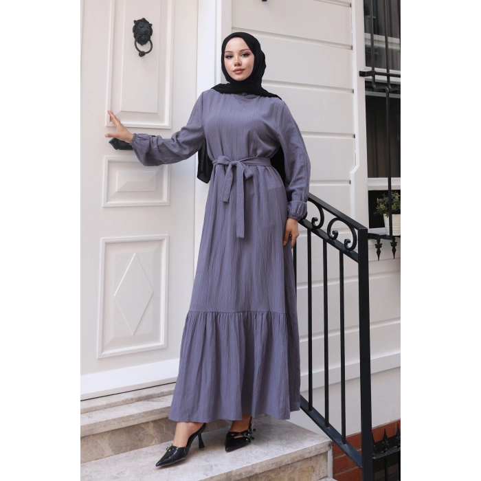 Lara Kuşaklı Elbise Gri