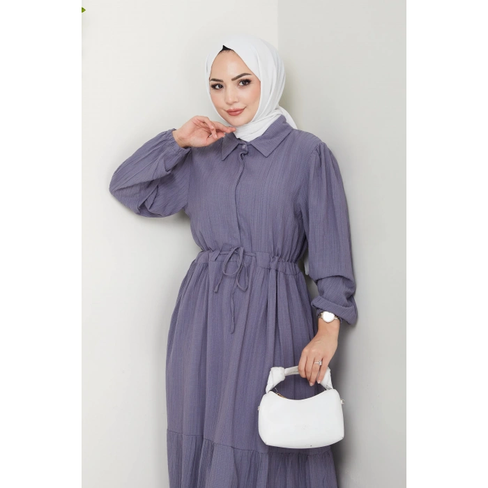 Lara Yarım Düğmeli Gömlek Yaka Elbise