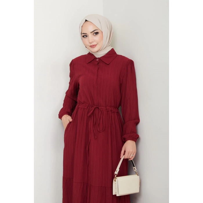 Lara Yarım Düğmeli Gömlek Yaka Elbise