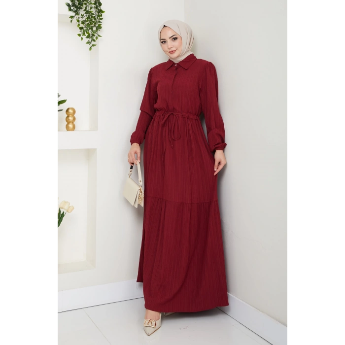 Lara Yarım Düğmeli Gömlek Yaka Elbise