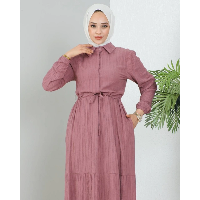 Lara Yarım Düğmeli Gömlek Yaka Elbise