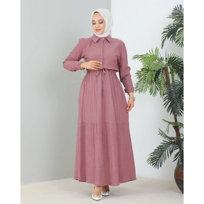 Lara Yarım Düğmeli Gömlek Yaka Elbise