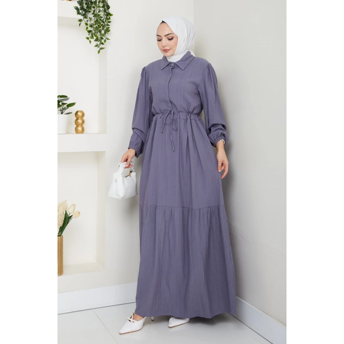 Lara Yarım Düğmeli Gömlek Yaka Elbise