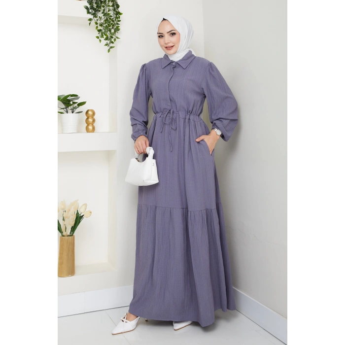 Lara Yarım Düğmeli Gömlek Yaka Elbise