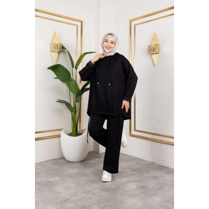 Modal Kumaş Siyah Oversize İkili Takım