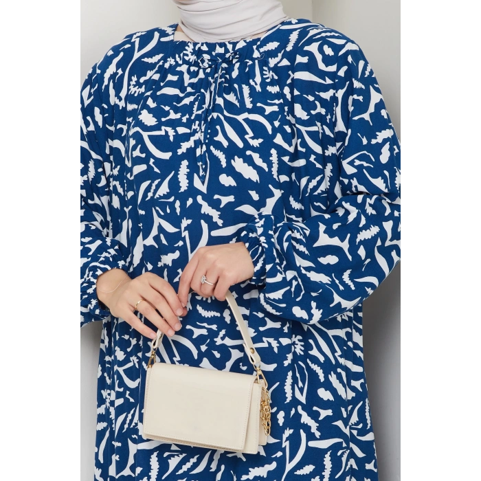 Önü Lastikli Büyük Beden Viskon Anne Elbisesi Mavi