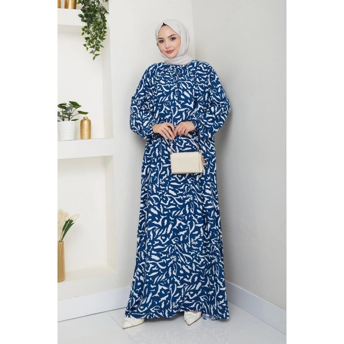 Önü Lastikli Büyük Beden Viskon Anne Elbisesi Mavi