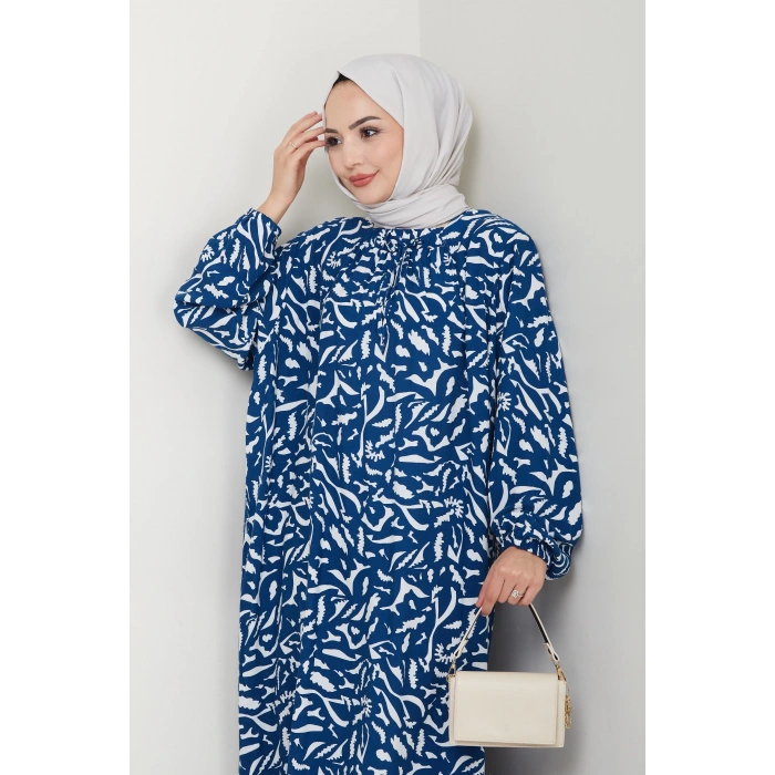 Önü Lastikli Büyük Beden Viskon Anne Elbisesi Mavi