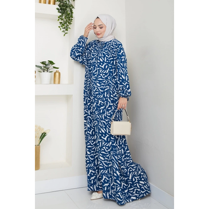 Önü Lastikli Büyük Beden Viskon Anne Elbisesi Mavi