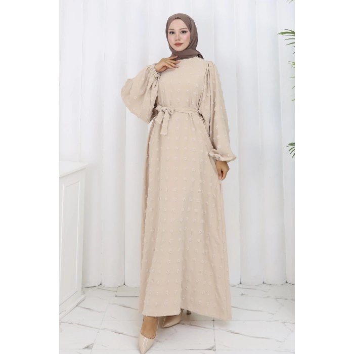 Ponpon Detaylı Kuşaklı Elbise Bej
