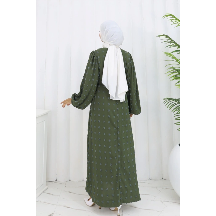 Ponpon Detaylı Kuşaklı Elbise Haki