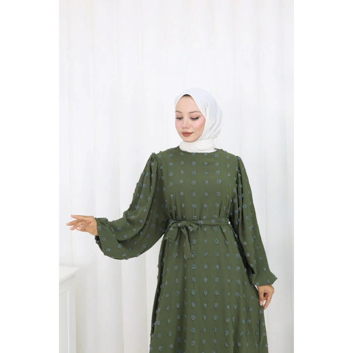 Ponpon Detaylı Kuşaklı Elbise Haki