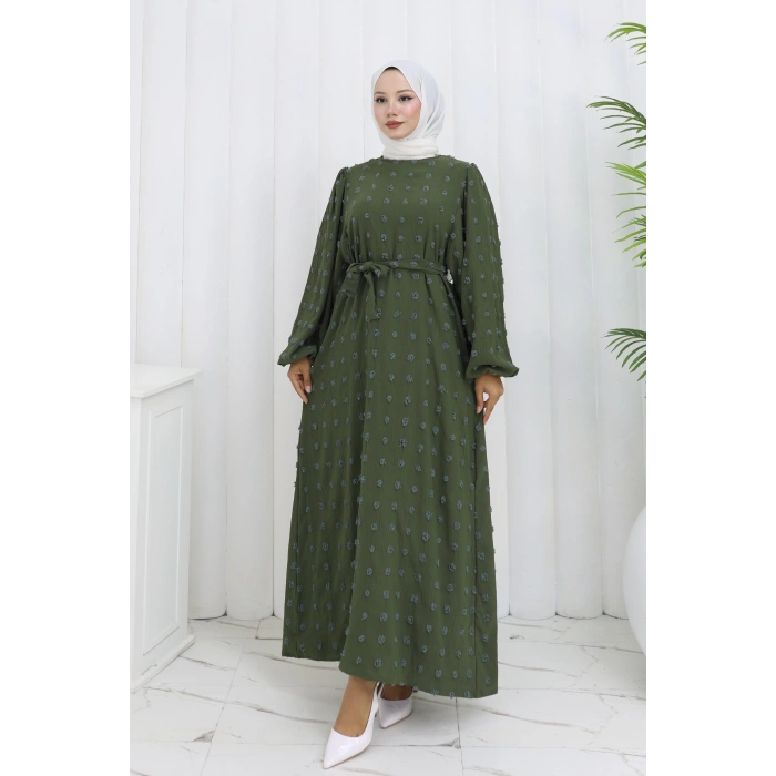 Ponpon Detaylı Kuşaklı Elbise Haki