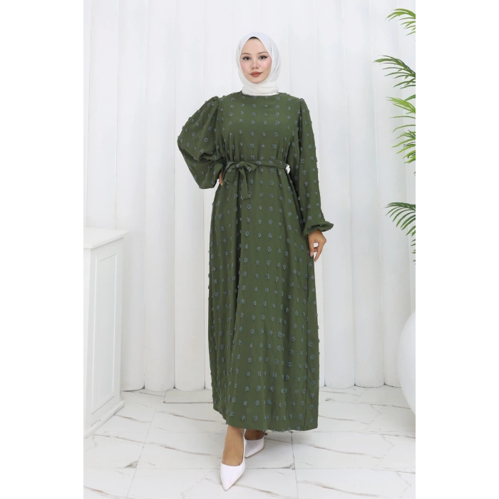 Ponpon Detaylı Kuşaklı Elbise Haki