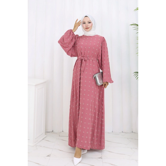 Ponpon Detaylı Kuşaklı Elbise Pembe