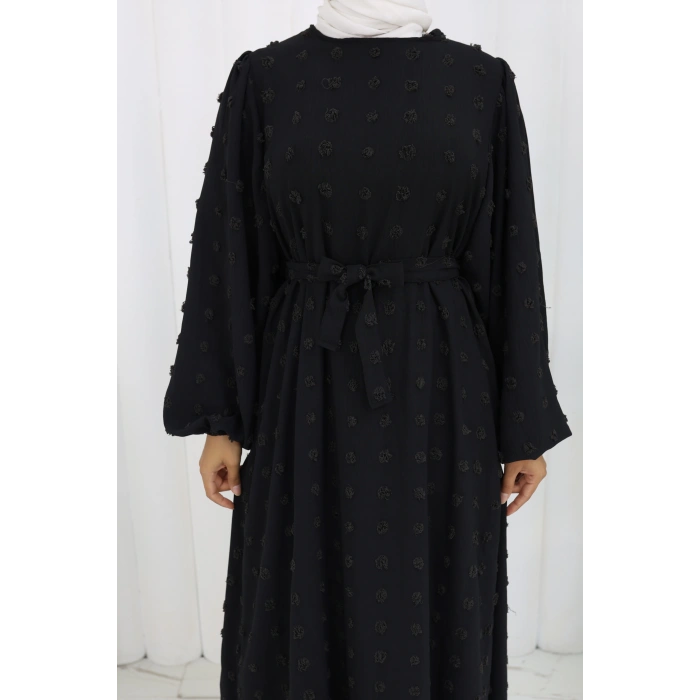 Ponpon Detaylı Kuşaklı Elbise Siyah