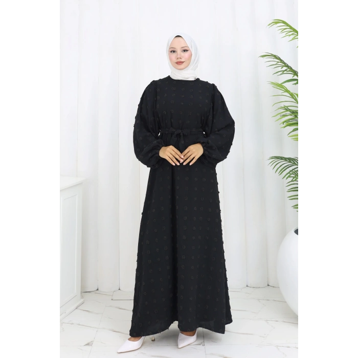 Ponpon Detaylı Kuşaklı Elbise Siyah