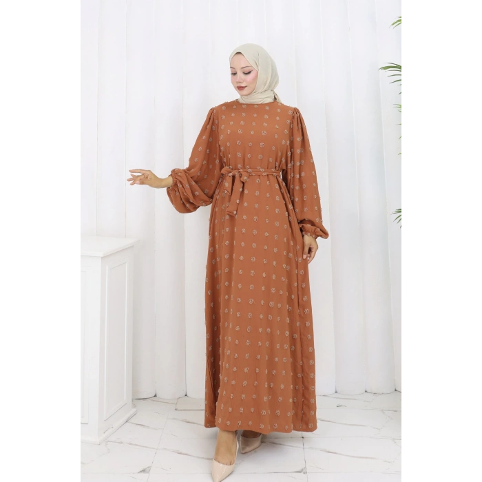 Ponpon Detaylı Kuşaklı Elbise Taba