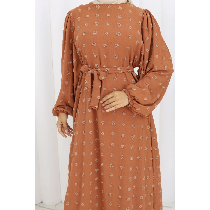 Ponpon Detaylı Kuşaklı Elbise Taba