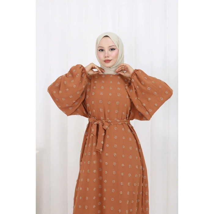 Ponpon Detaylı Kuşaklı Elbise Taba