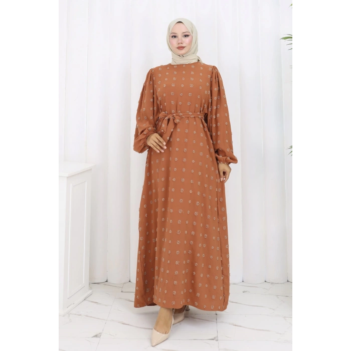 Ponpon Detaylı Kuşaklı Elbise Taba