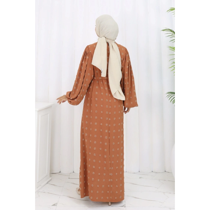 Ponpon Detaylı Kuşaklı Elbise Taba