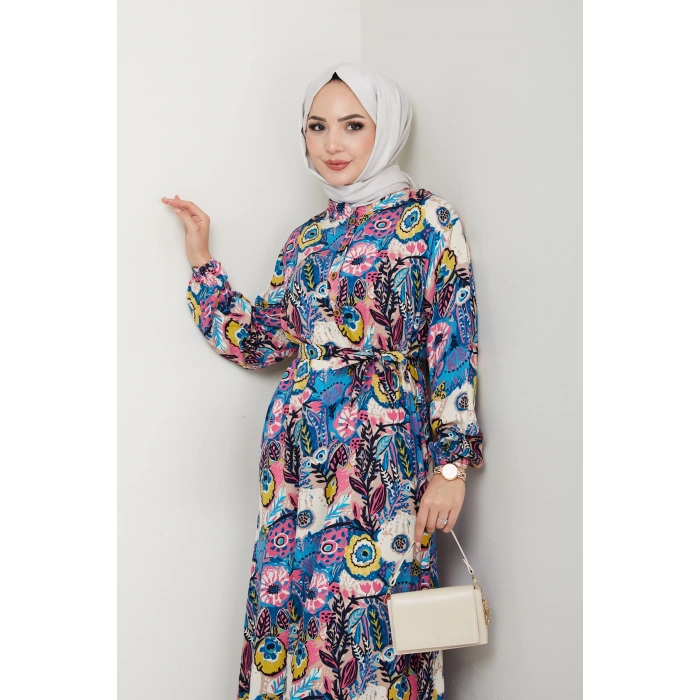 Renkli Çiçek Desenli Kuşaklı Elbise Mavi