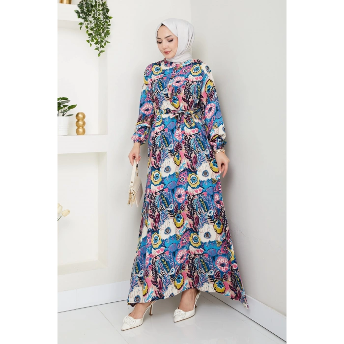Renkli Çiçek Desenli Kuşaklı Elbise Mavi