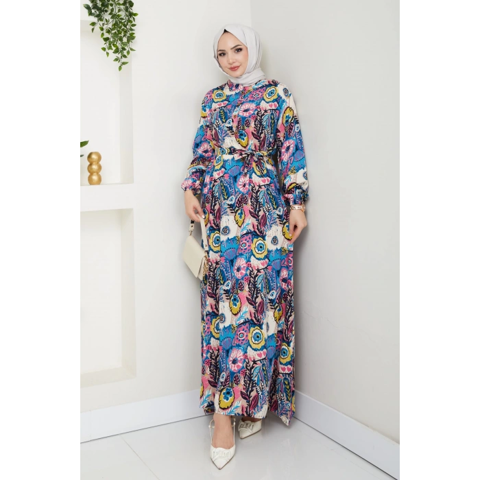 Renkli Çiçek Desenli Kuşaklı Elbise Mavi