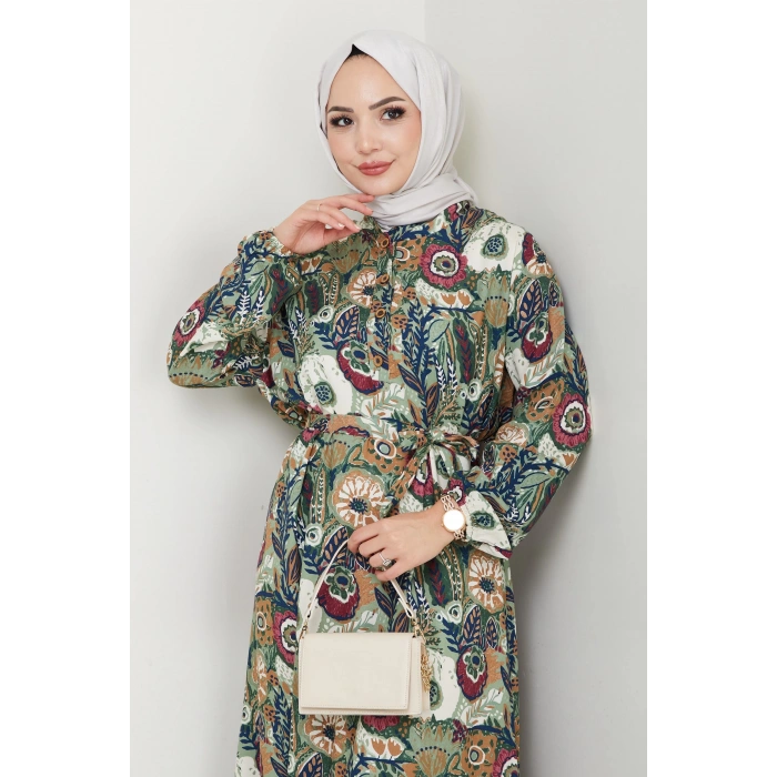 Renkli Çiçek Desenli Kuşaklı Elbise Yeşil